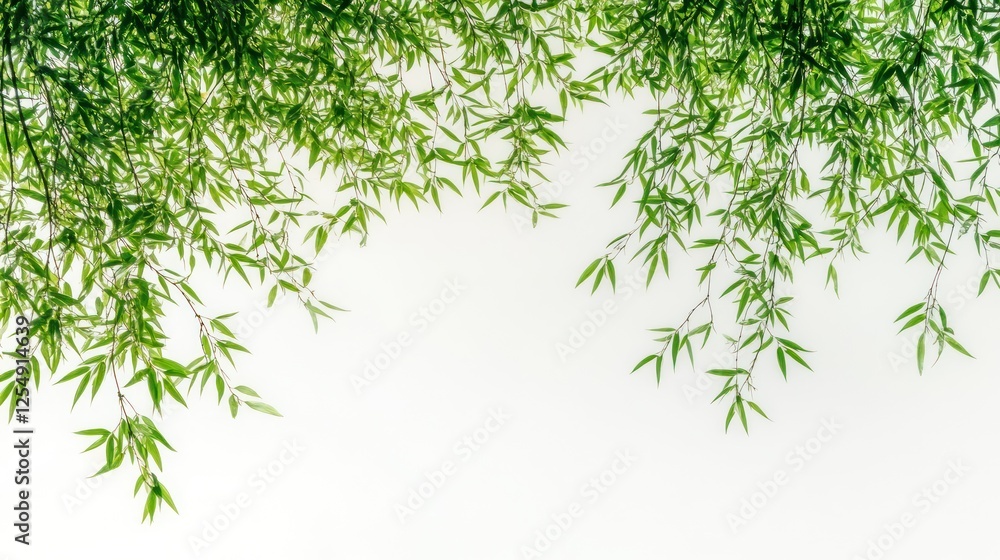 Lush bamboo leaves border, white background, nature design, website header Lush bamboo leaves border, white background, nature design, website header