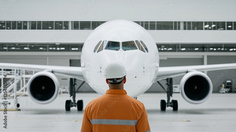 Fototapeta premium Elegant Cleaning crew polishing airplane windows from the outside with industrial equipment and scaffolding on a clear day at an airport maintenance area