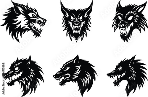 Werewolf  head vector illustration set, werewolf  head silhouette and line art vector design