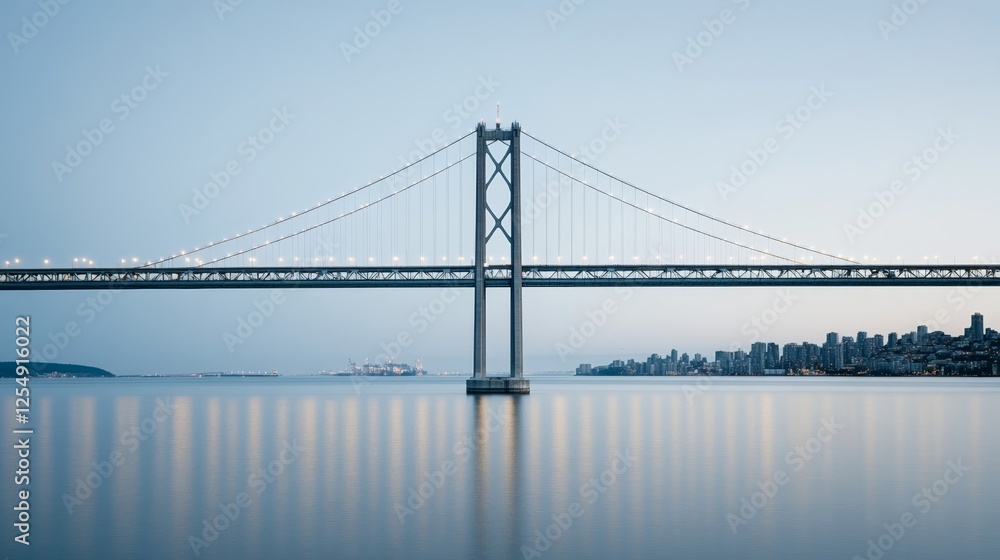 Elegant Cross border bridge between the USA and Canada lit with soft evening lights reflecting in the water below with a backdrop of city skylines Elegant Cross border bridge between the USA and Canada lit with soft evening lights reflecting in the water below with a backdrop of city skylines