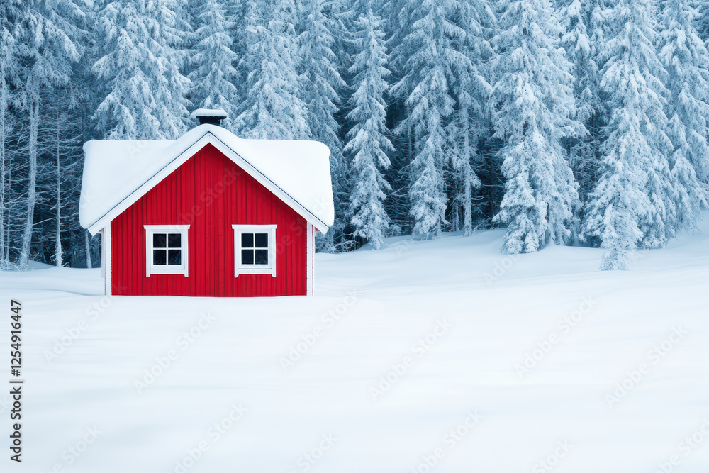 Naklejka premium Cozy Red Cabin in Snowy Winter Forest Landscape with Frosty Trees