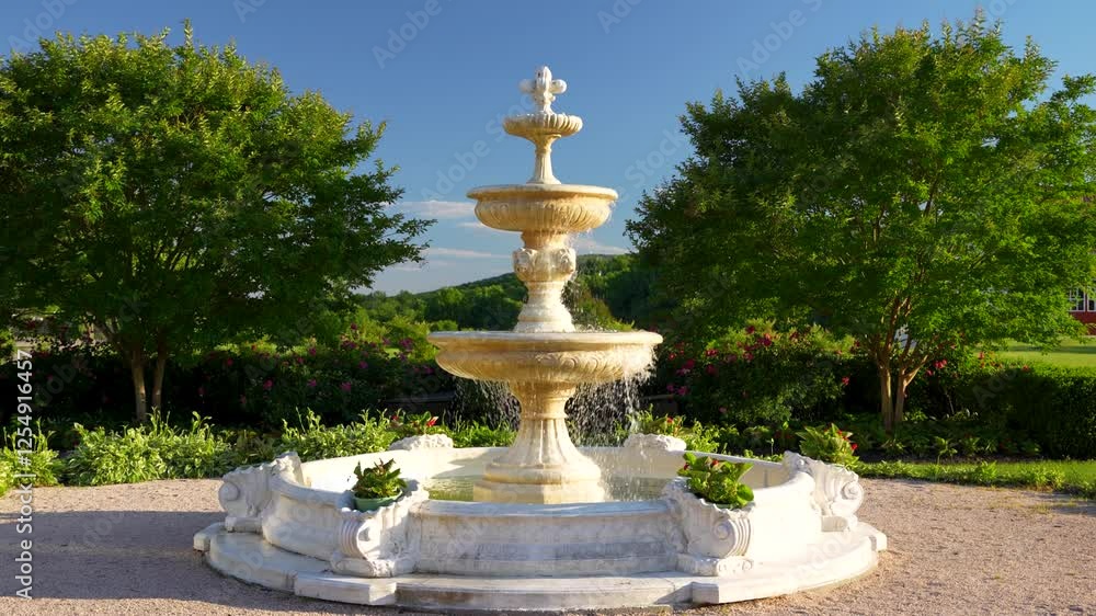 A shot gracefully backs away from a majestic water fountain glowing in golden sunlight, surrounded by vibrant flowers, with lush green trees and a brilliant blue sky creating a breathtaking scene. A shot gracefully backs away from a majestic water fountain glowing in golden sunlight, surrounded by vibrant flowers, with lush green trees and a brilliant blue sky creating a breathtaking scene.