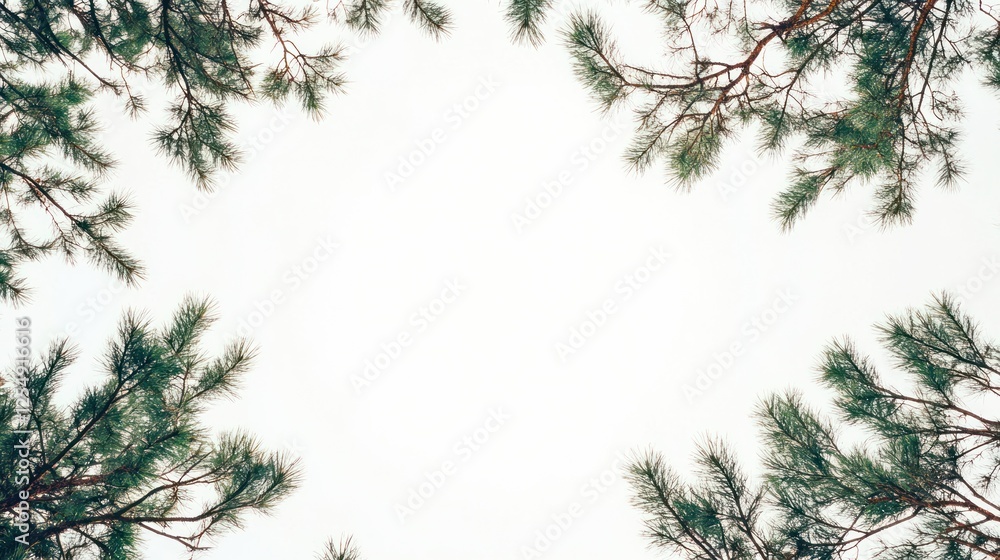 Fototapeta premium Pine tree branches frame, sky background, nature design, website header