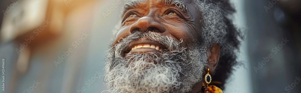 Joyful Elderly Man with a Beard Smiling Upwards in Warm Natural Light Joyful Elderly Man with a Beard Smiling Upwards in Warm Natural Light