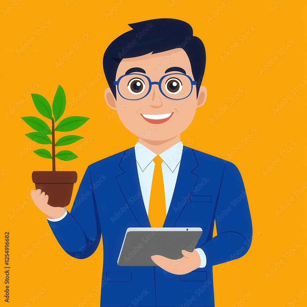 Smiling Businessman Holding a Plant and Tablet Smiling Businessman Holding a Plant and Tablet