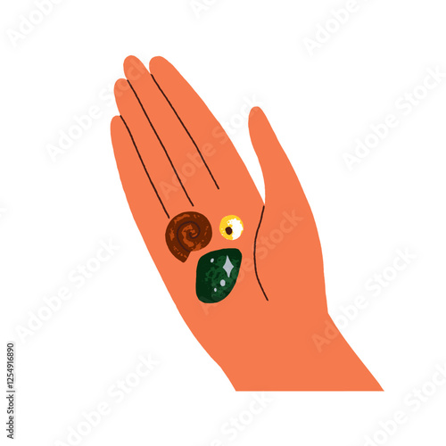 Hand holding gemstone, spiral shell, bead. Collected gathered crystal, natural mineral, organic treasure on palm. Gem stones, magic charms. Flat vector illustration isolated on white background