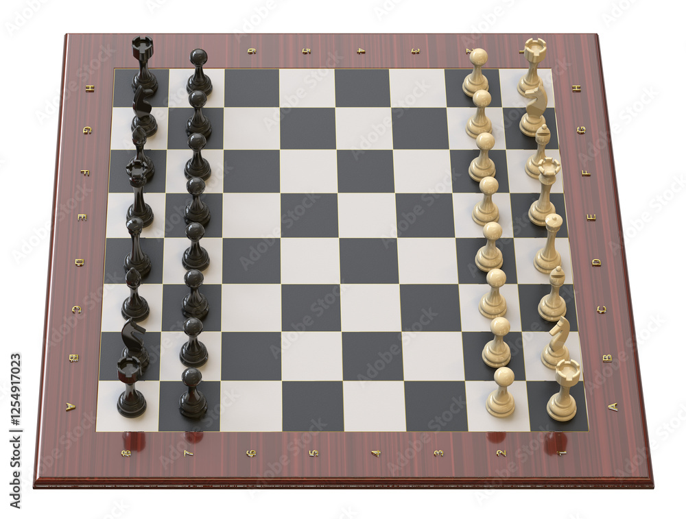 Chess figures on a chessboard in the initial position. Transparent background. Isolated. 3D Render. Chess figures on a chessboard in the initial position. Transparent background. Isolated. 3D Render.