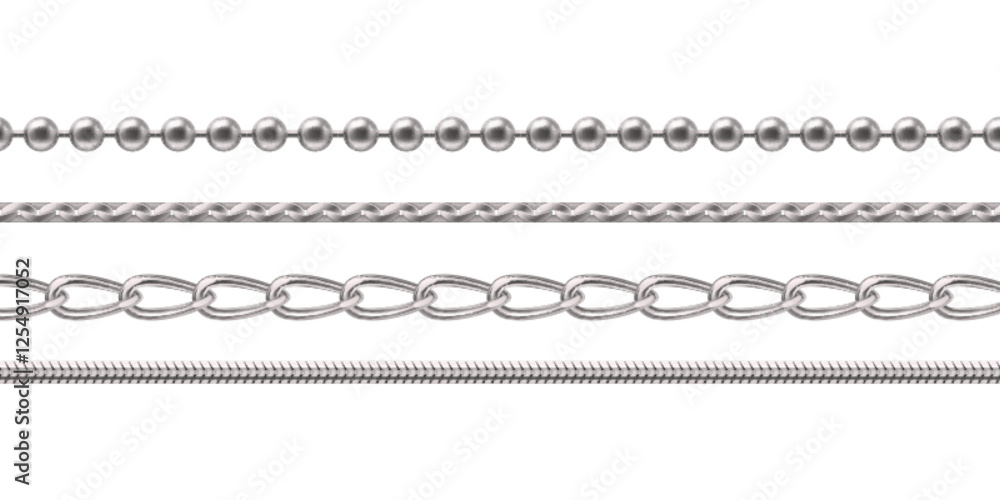 Silver or white gold chain jewel collection - metallic beaded necklace, braided pattern, interlocking oval links, twisted rope design. Realistic elegant accessories set for jewelry catalog design. Silver or white gold chain jewel collection - metallic beaded necklace, braided pattern, interlocking oval links, twisted rope design. Realistic elegant accessories set for jewelry catalog design.