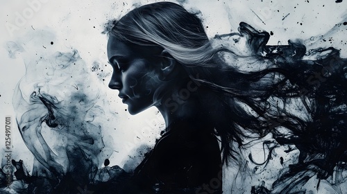 A black and white ink painting of the silhouette of an elegant woman
