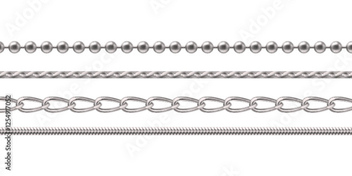 Silver or white gold chain jewel collection - metallic beaded necklace, braided pattern, interlocking oval links, twisted rope design. Realistic elegant accessories set for jewelry catalog design.