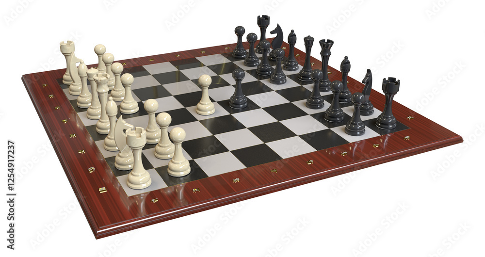 Chess figures on a chessboard in the initial position. Transparent background. Isolated. 3D Render. Chess figures on a chessboard in the initial position. Transparent background. Isolated. 3D Render.