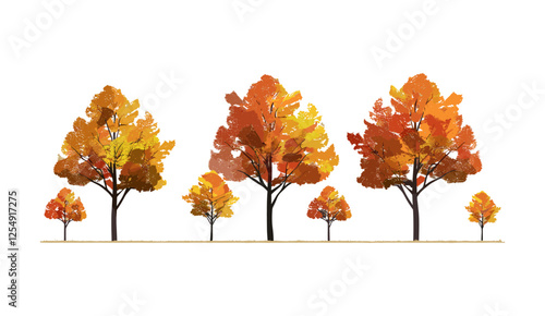 Autumnal vector illustration large trees, colors, cutout, transparent background, PNG, fall leaves, seasonal forest, nature, landscape, autumn trees, forest silhouette