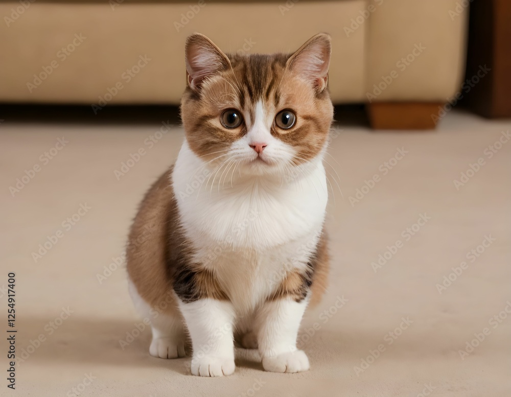 A Munchkin cat sits on the floor and looks at the camera A Munchkin cat sits on the floor and looks at the camera