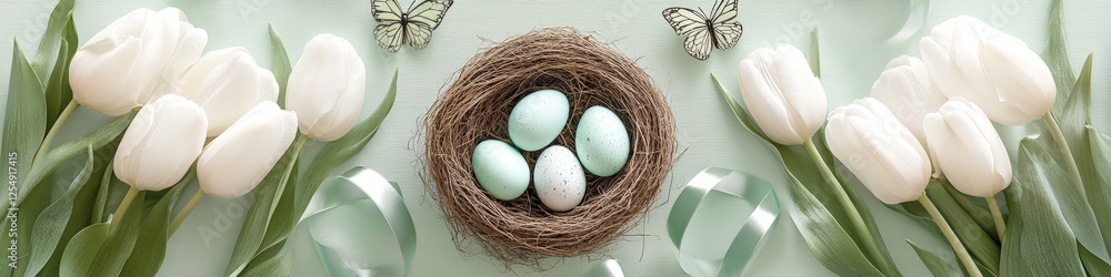 Springtime Delight: A Charming Nest with Beautiful Eggs Surrounded by Elegant White Tulips and Graceful Butterflies. Springtime Delight: A Charming Nest with Beautiful Eggs Surrounded by Elegant White Tulips and Graceful Butterflies.