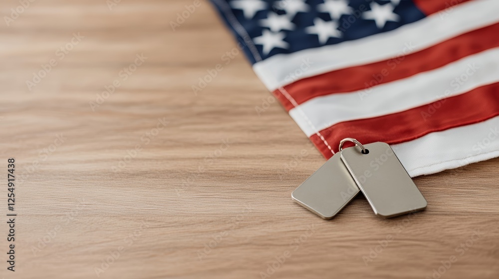 Obraz premium Elegant Military dog tags resting on a folded American flag placed on a wooden table under dim lighting creating a solemn and respectful atmosphere 