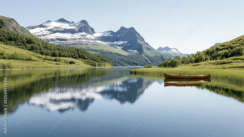 Elegant Mountain lake reflecting snow capped peaks and fresh greenery with kayaks and hikers enjoying the crisp spring air Elegant Mountain lake reflecting snow capped peaks and fresh greenery with kayaks and hikers enjoying the crisp spring air