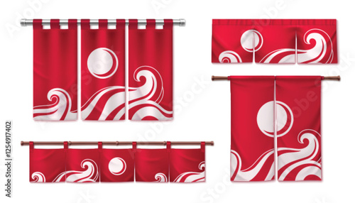 Japanese curtain set - red noren panels with white wave and sun pattern on mounting rods, traditional textile dividers. Oriental room decoration elements for sushi restaurant, asian interior design.