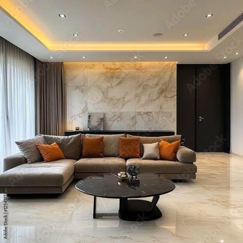Modern living room with beige sectional sofa and marble wall