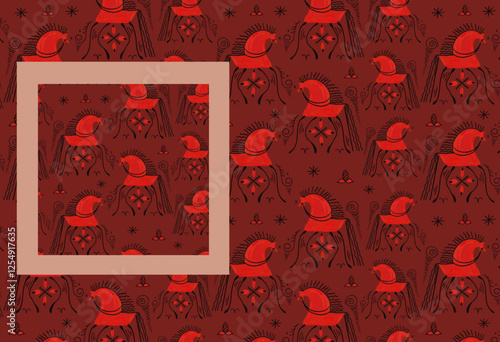 Hand drawn animal illustration of horses. Red monochrome Slavic Mezen ornament. Seamless linear black pattern. Traditional cultural pagan texture wallpaper.