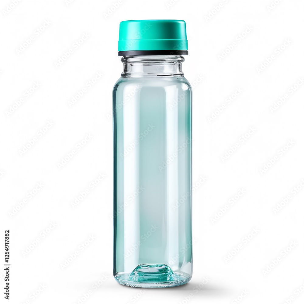 A clear, empty glass bottle with a screw cap, standing upright on a white background. The bottle is cylindrical with smooth, clean lines, and the cap has ridges for grip. A clear, empty glass bottle with a screw cap, standing upright on a white background. The bottle is cylindrical with smooth, clean lines, and the cap has ridges for grip.