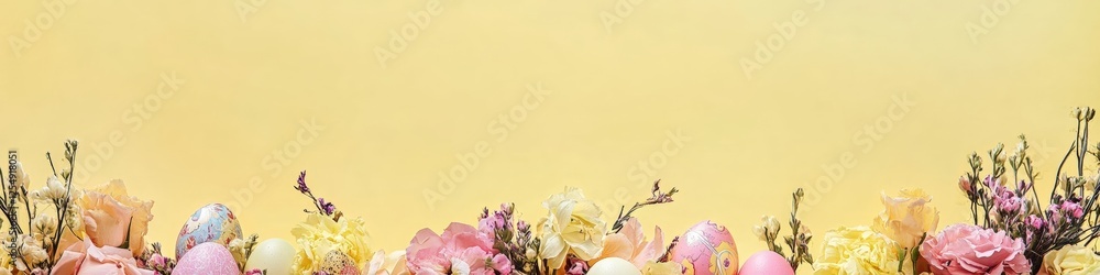 Obraz premium Vibrant Spring Bouquet with Pastel Flowers Against a Bright Yellow Background for Fresh and Joyful Artwork.