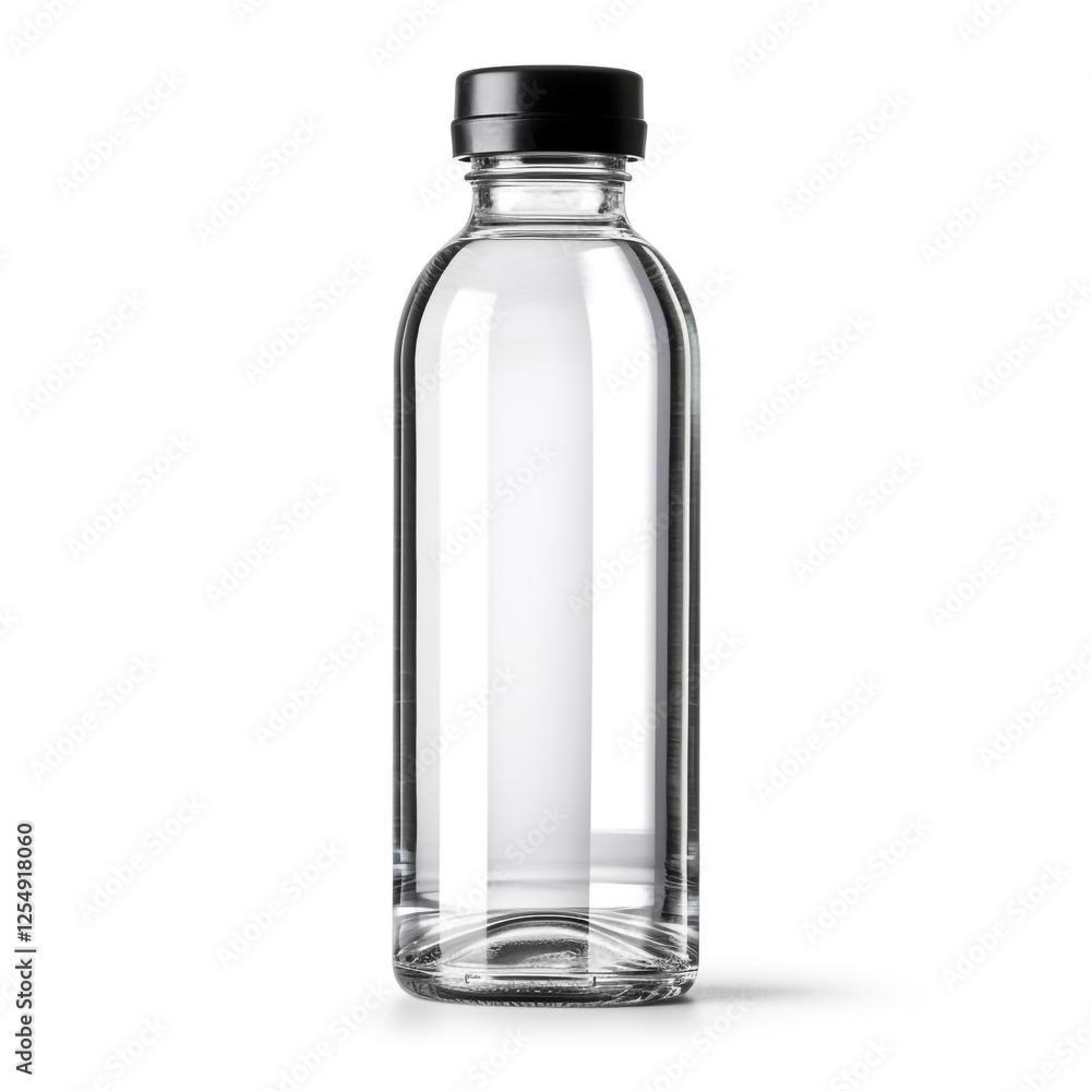 A clear, empty glass bottle with a screw cap, standing upright on a white background. The bottle is cylindrical with smooth, clean lines, and the cap has ridges for grip. A clear, empty glass bottle with a screw cap, standing upright on a white background. The bottle is cylindrical with smooth, clean lines, and the cap has ridges for grip.