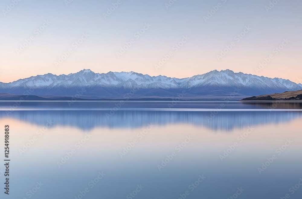 Fototapeta premium Serene Mountain Reflections in Calm Lake at Dawn with Soft Pastel Colors 