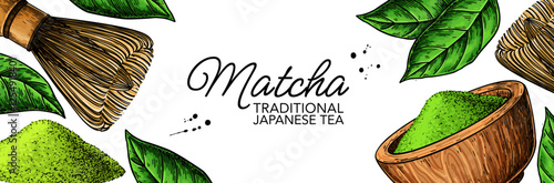 Matcha tea label. Vector drawing banner. Bowl with matcha powder, green tea leaves, and bamboo whisk 