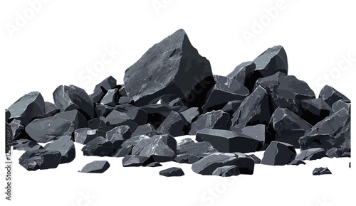 3D render Black rocks stones pile, vector illustration, ground bottom cutout, PNG transparent backgrounds, realistic stone heap, rock stack, construction gravel, landscaping elements