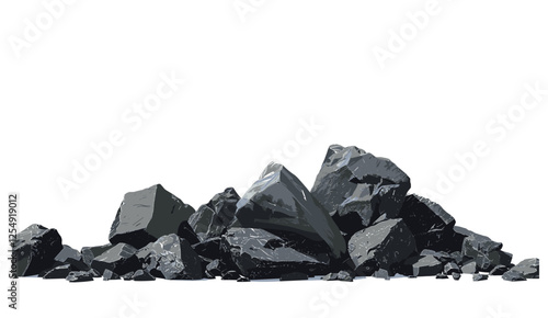 Vector illustration Black rocks stones pile, 3D render, transparent backgrounds PNG, ground bottom cutout, rock stack, natural stone cluster, gravel heap, decorative landscaping rocks