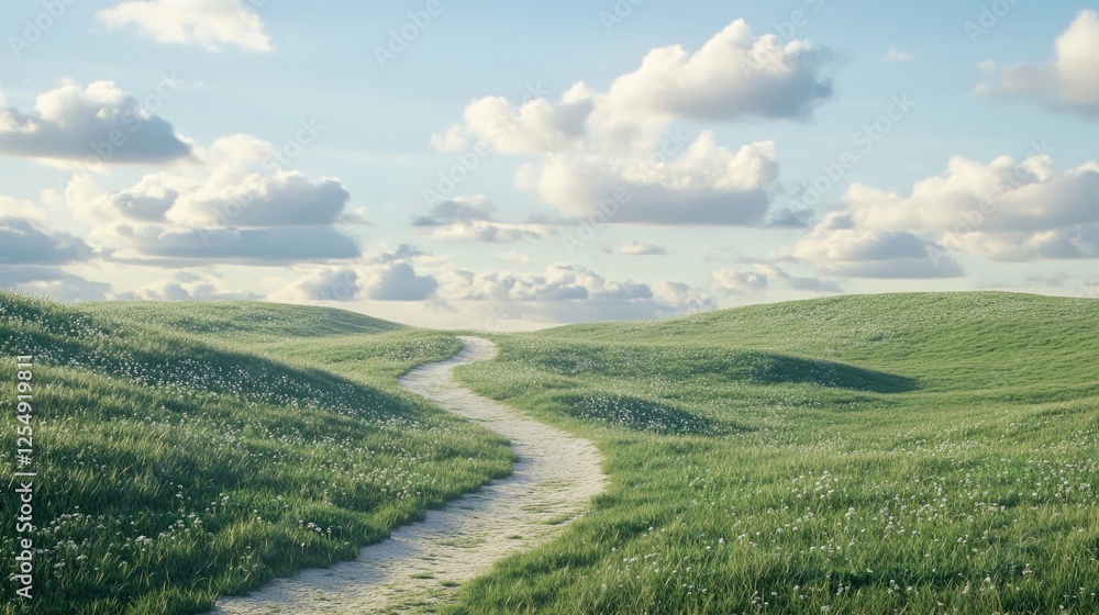 Winding path through a hilly green field under a bright morning sky Winding path through a hilly green field under a bright morning sky
