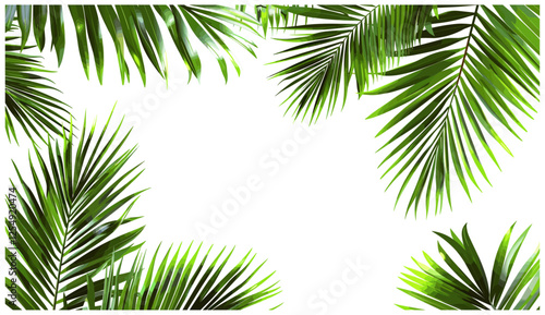 Transparent background with palm leaves, 3d rendering vector illustration, realistic foliage, tropical frame, PNG, summer plant border, exotic design, nature, tropical decoration, green