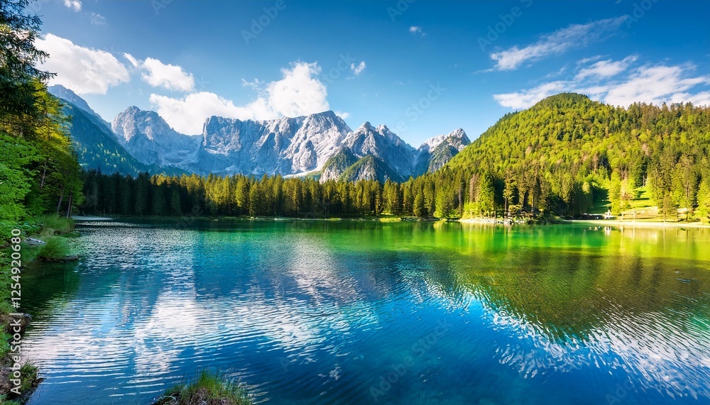 Fototapeta premium Breathtaking view of Fusine Lake with Mangart Peak in the background. A popular travel destination near the Mediterranean Sea. Location: Tarvisio comune, spring.