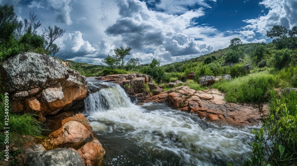 Waterfall cascading over rocks, lush green hills, dramatic sky; nature backdrop Waterfall cascading over rocks, lush green hills, dramatic sky; nature backdrop