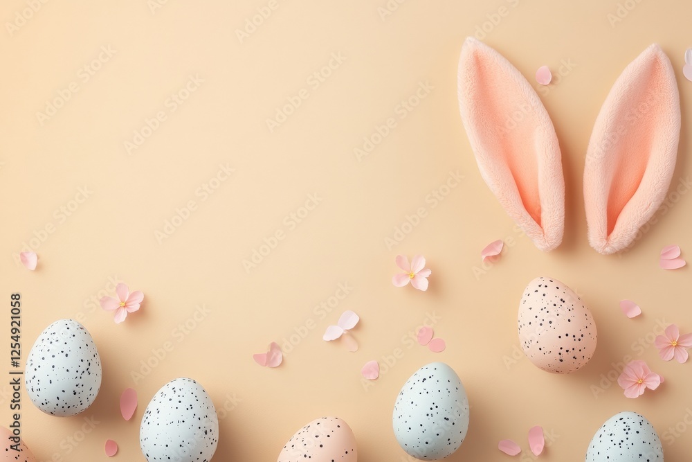 Colorful Easter Eggs and Bunny Ears on a Soft Background for Spring Festivities and Celebrations. Colorful Easter Eggs and Bunny Ears on a Soft Background for Spring Festivities and Celebrations.