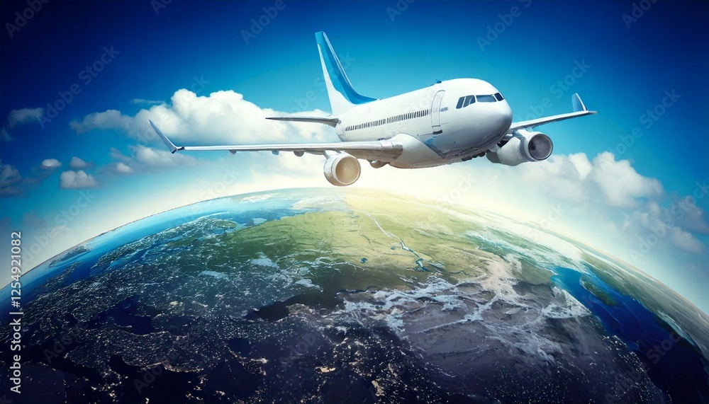 Obraz premium Flugzeuge, internationale Reisen und rund um die Welt. Passagierflugzeug und Erde Hintergrund. Thumbnails und Banner.