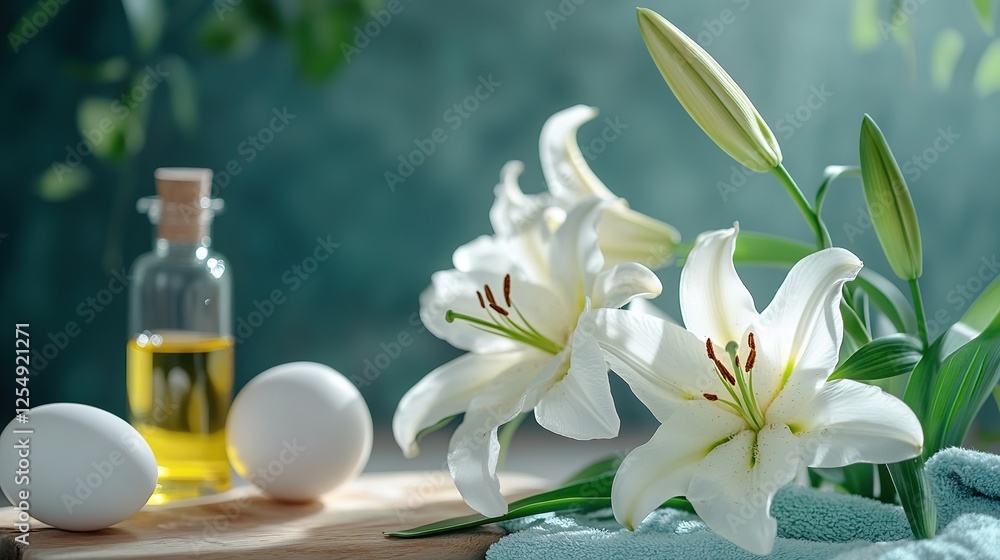 Serene Spa Setting with Lilies, Eggs, and Aromatic Oil for Relaxation and Wellness Serene Spa Setting with Lilies, Eggs, and Aromatic Oil for Relaxation and Wellness