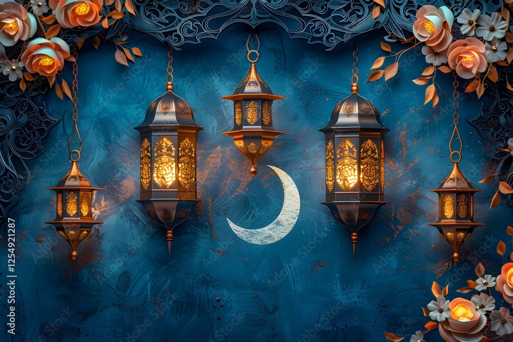 Fototapeta premium Ramadan Kareem festive card featuring golden lanterns under a deep blue night sky