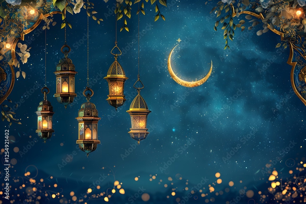 Elegant Ramadan Kareem greeting card with golden lanterns on deep blue night background Elegant Ramadan Kareem greeting card with golden lanterns on deep blue night background