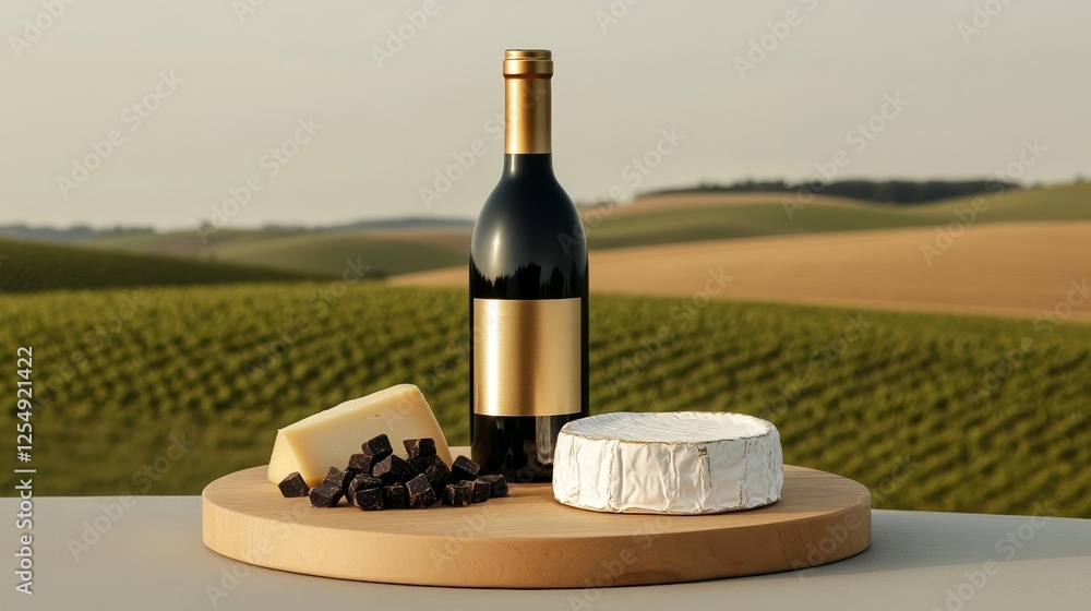 Naklejka premium Italian vineyard picnic scene with a spread of wine cheeses and dark chocolate chunks laid on a wooden board overlooking rolling hills