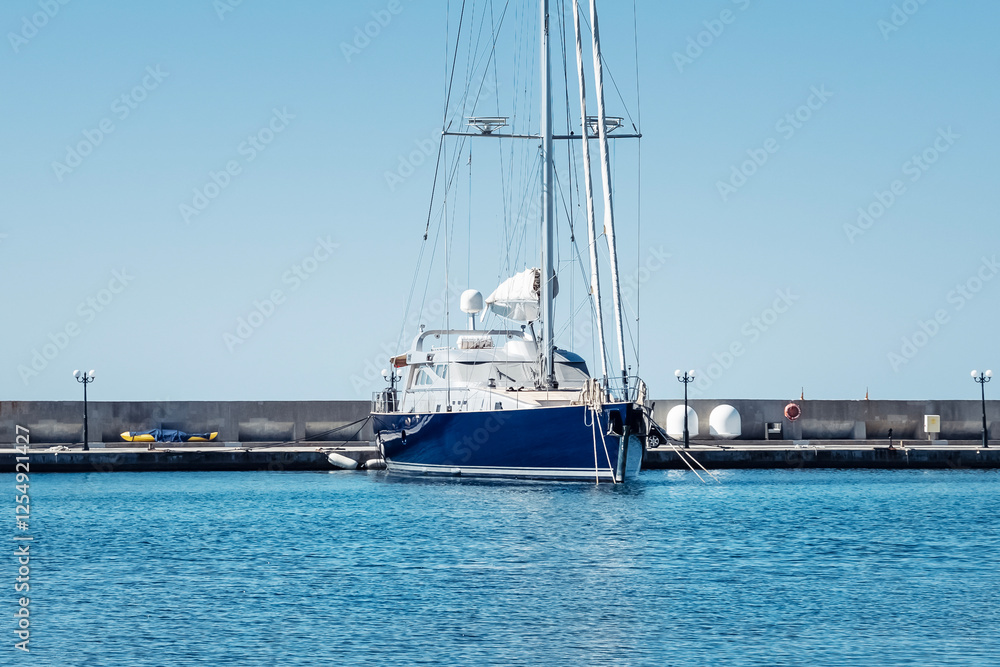 Fototapeta premium A sailboat rests quietly in turquoise water under a bright sky at a serene marina setting.