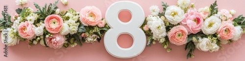 Beautiful Floral Arrangement Featuring a Chic Number Eight on Pink Background for Celebrations, Birthdays, and Special Occasions. photo