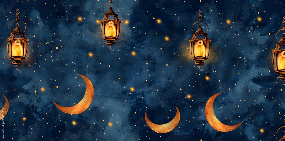 Fototapeta premium Elegant seamless celestial pattern featuring softly glowing lanterns and crescent moons in fine detail