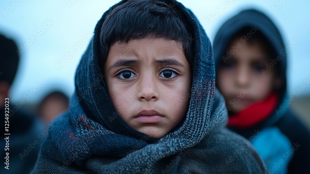 Migrant family huddled under a tattered blanket at a crowded border camp anxious eyes reflecting the uncertainty of their journey Migrant family huddled under a tattered blanket at a crowded border camp anxious eyes reflecting the uncertainty of their journey