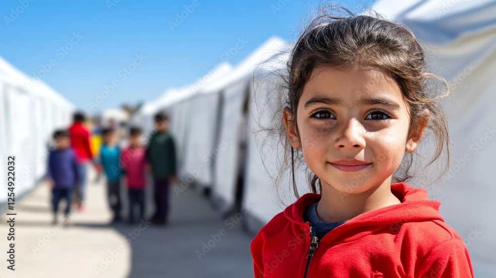 Migrant relief center with children playing in the background while adults receive medical assistance and supplies in a tented area Migrant relief center with children playing in the background while adults receive medical assistance and supplies in a tented area