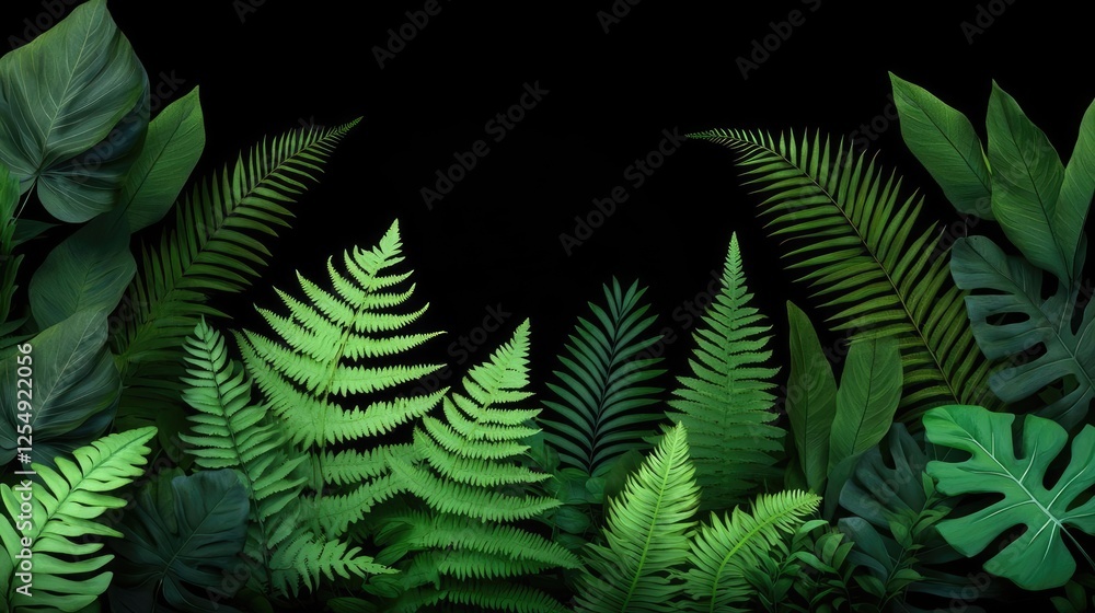 Glow forest idea. Vibrant green ferns and leaves create a lush, tropical atmosphere against a dark backdrop. Glow forest idea. Vibrant green ferns and leaves create a lush, tropical atmosphere against a dark backdrop.