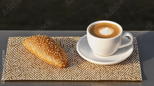 Morning espresso cup next to a fresh cornetto on a rooftop terrace overlooking Romes iconic skyline Italian morning bliss  photo