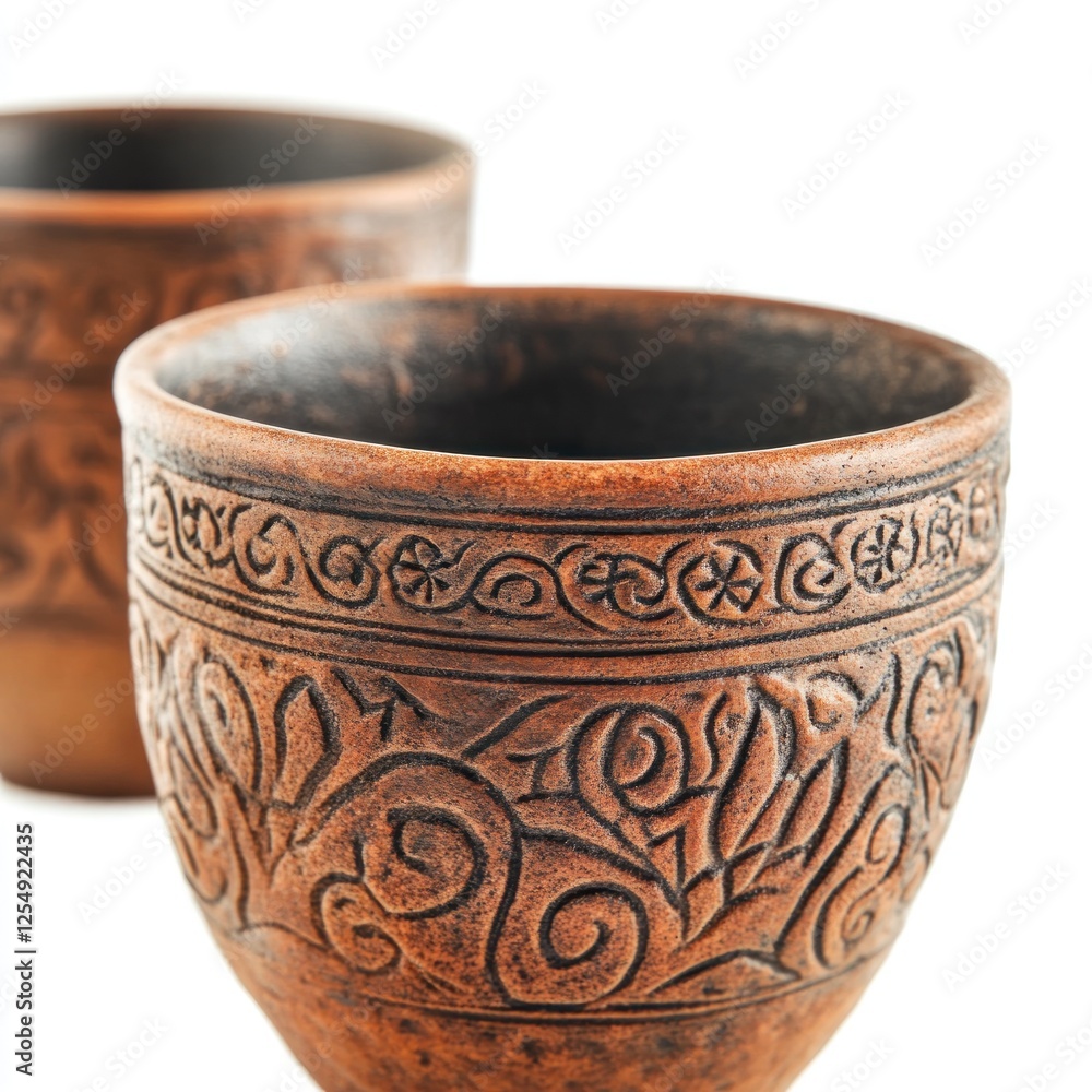 Ornate clay cups, close-up, white background, pottery craft Ornate clay cups, close-up, white background, pottery craft