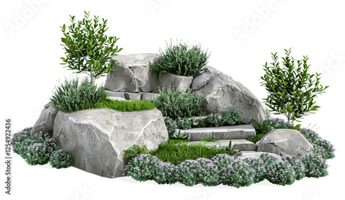 Gardening shrub plants, 3D rendering background PNG, cut out plants, rock steps position, nature illustration, home landscaping, outdoor design, greenery, lush plants, natural