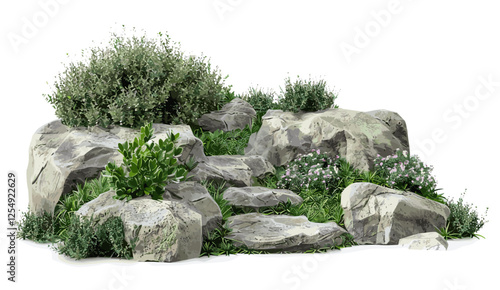 Cut out gardening plants, shrub 3D rendering, rock steps position, background PNG, outdoor nature design, home landscaping, green plants, garden decoration, environmental